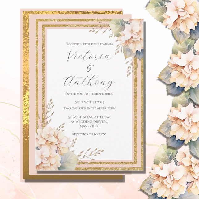 Pink Peach Floral Hydrangea Gold Moderne Hochzeit Einladung (Von Creator hochgeladen)