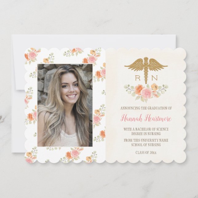 Pink Peach Floral Nursing School Grad Ankündigung (Vorderseite)