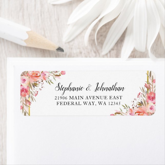 Pink Peach Floral Watercolor Gold Rücksendeadresse (Insitu)