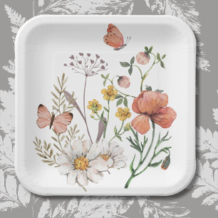Pink Peach Floral Wildblumen Square Pappteller