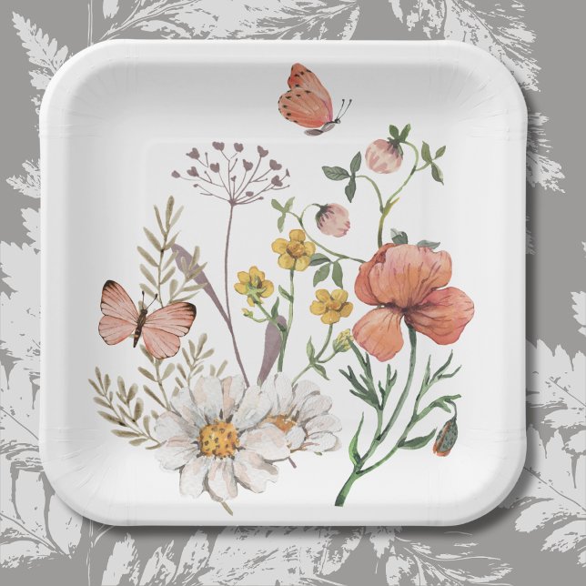 Pink Peach Floral Wildblumen Square Pappteller (Von Creator hochgeladen)