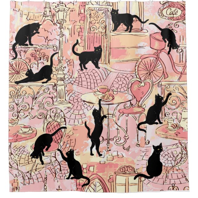 Pink Peach French Cat Paris Café Dusche Vorhang (Vorderseite)