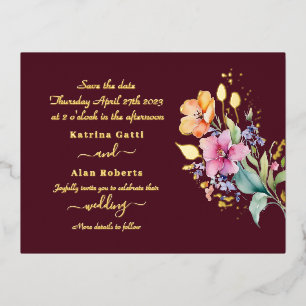 Pink Peach Gelbe Blüten Save the Date Foil Card Folie Einladungspostkarte