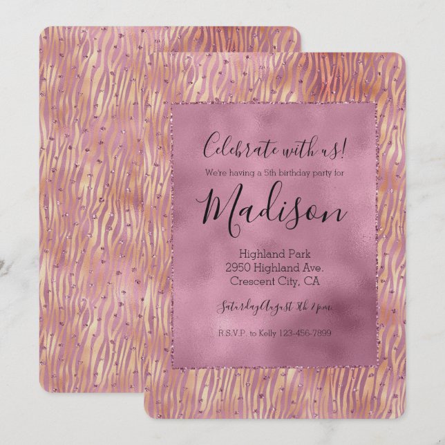 Pink Peach Glitzy Glitzern Sparkle Zebra Print Einladung (Vorne/Hinten)