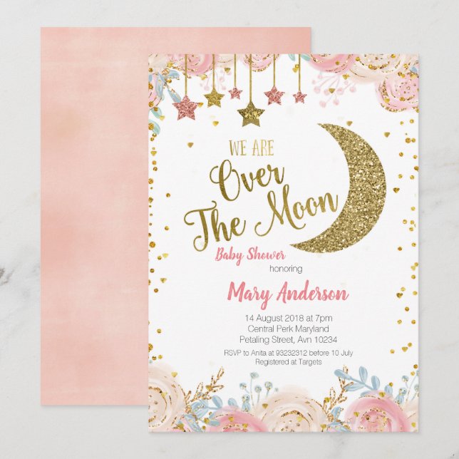 Pink Peach Gold Moon Kinderdusche für Mädchen Einladung (Vorne/Hinten)