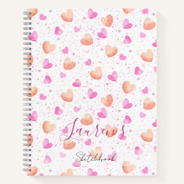 Pink & Peach Hearts Splash Custom Sketchbook Notizbuch (Vorderseite)