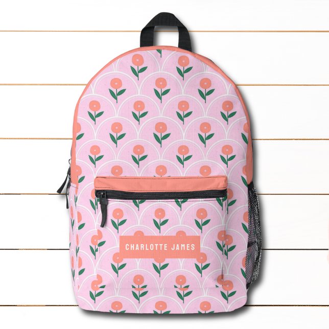 Pink Peach Modern Floral Personalisiert Name Bedruckter Rucksack (Von Creator hochgeladen)
