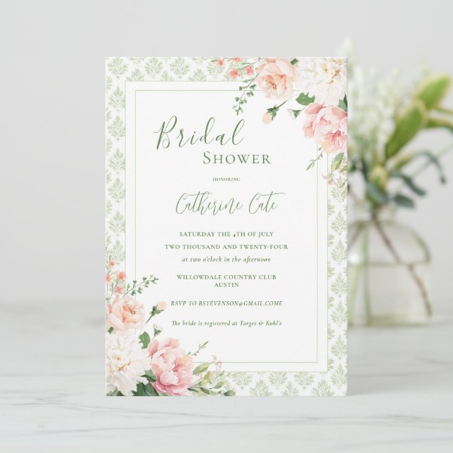 Pink Peach Pastel Floral Elegantes Brautparty Einladung (Stehend Vorderseite)