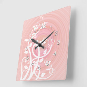 Pink & Peach Pastel Spirals, Filigres & Blume Quadratische Wanduhr