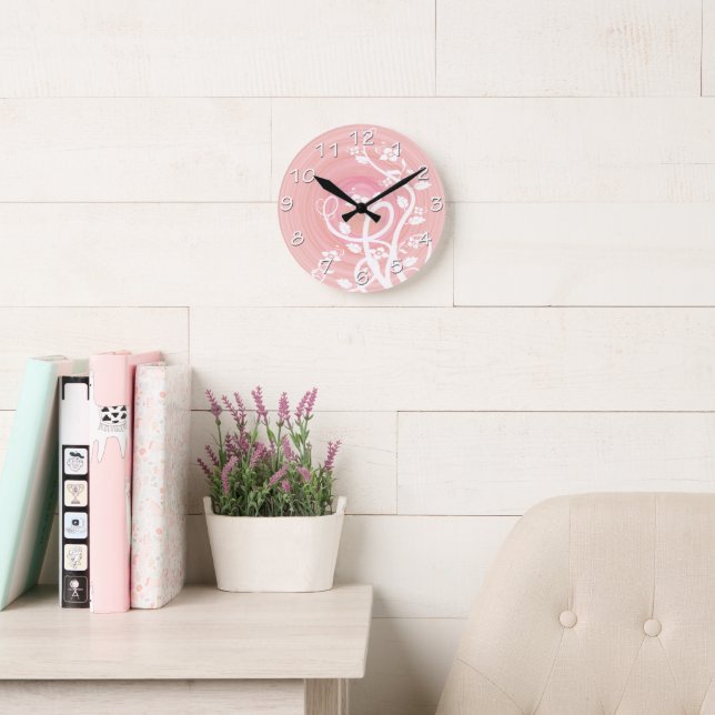 Pink & Peach Pastel Spirals, Filigres & Blume Runde Wanduhr (Lesesaal)