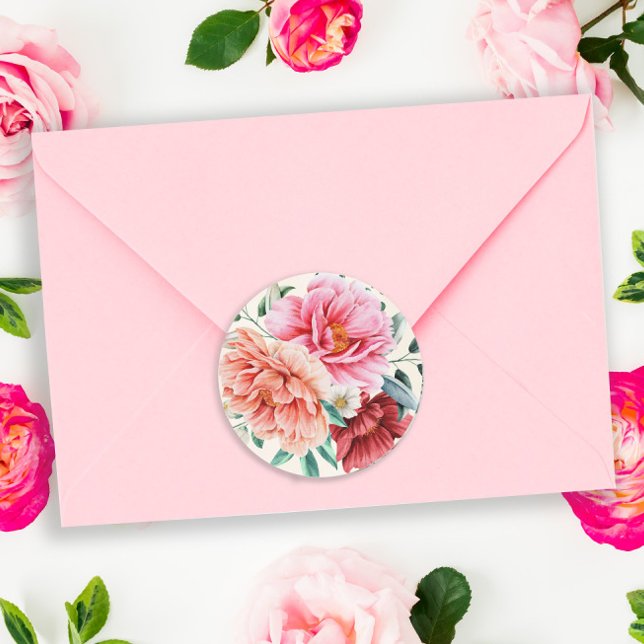 Pink Peach Peonies Burgundy Floral Blätter Runder Aufkleber (Von Creator hochgeladen)