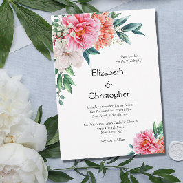 Pink Peach Peony Peonies Floral Eucalyptus Wedding Einladung