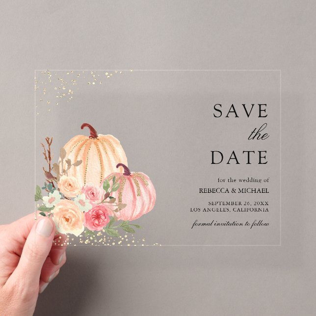 Pink Peach Pumpkin Floral Hochzeit Speichern Sie d Acryleinladungen (Insitu (Handheld))