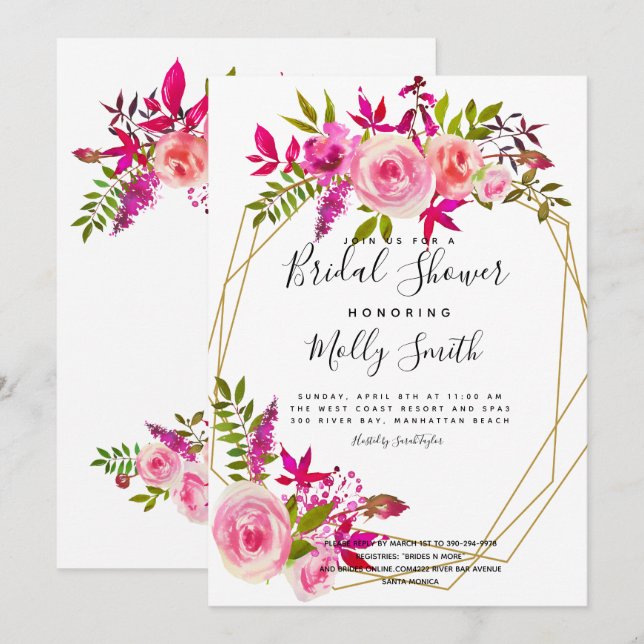 Pink Peach Rose Aquarellfarben Blume Brautparty Einladung (Vorne/Hinten)