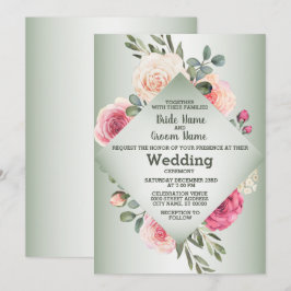 Pink Peach Roses Rustic Green Geometric Wedding Einladung