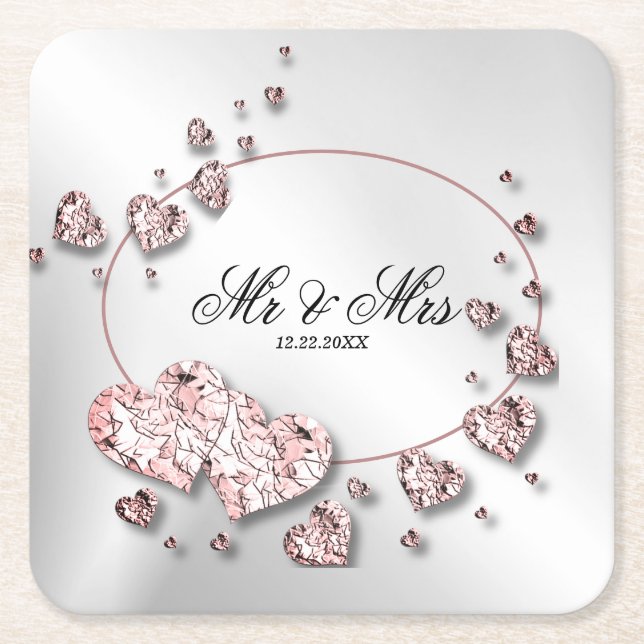 Pink Peach Shiny Hearts Geometrisches Elegant Rechteckiger Pappuntersetzer (Vorderseite)