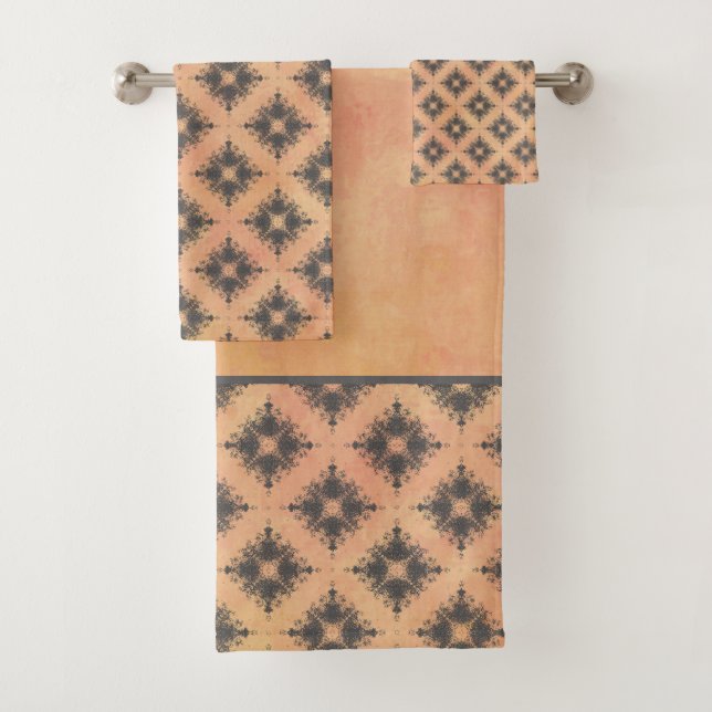 Pink, Peach und Bronze Diamond Burst Muster Badhandtuch Set (Insitu)