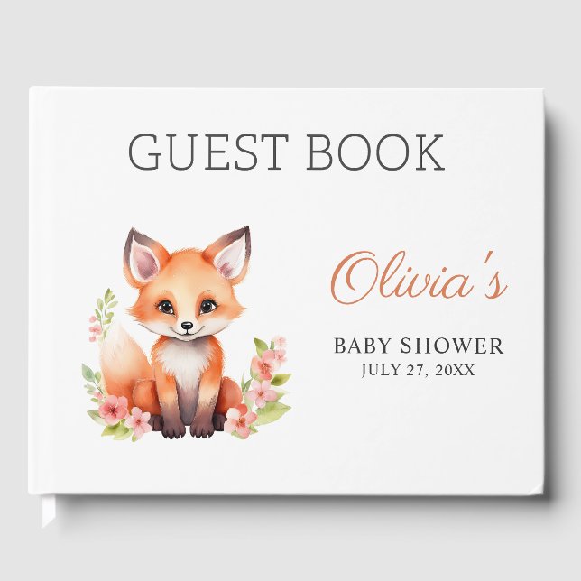 Pink Peach Woodland Fox Baby Shower Guest Book Gästebuch (Vorderseite)