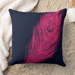 Pink Peacock Feather Navy Fast Black Kissen