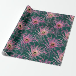 Pink Peacock Feathers on Green Geschenkpapier