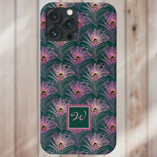 Pink Peacock Feathers und Monogram on Deep Green Case-Mate iPhone Hülle