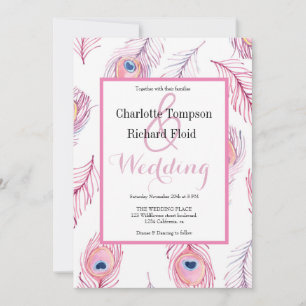 Pink Peacock Feathers Wedding Einladung