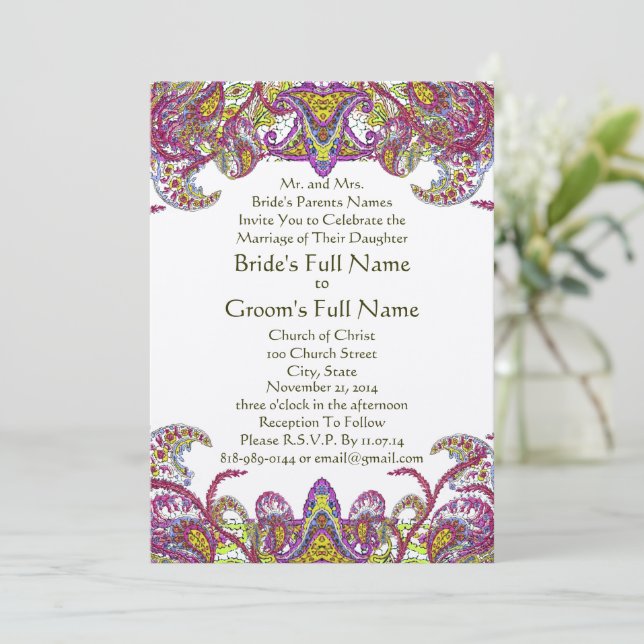 Pink Peacock Paisley Gatsby Einladung zur Hochzeit (Stehend Vorderseite)