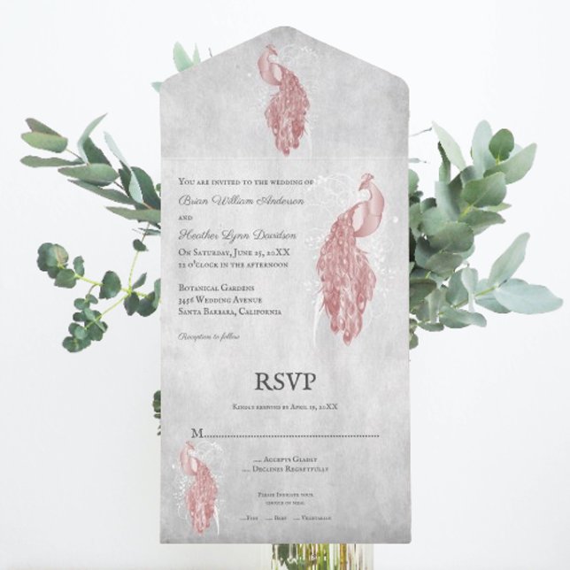 Pink Peacock Wedding All In One Einladung (Pink Peacock All in One Wedding Invite)