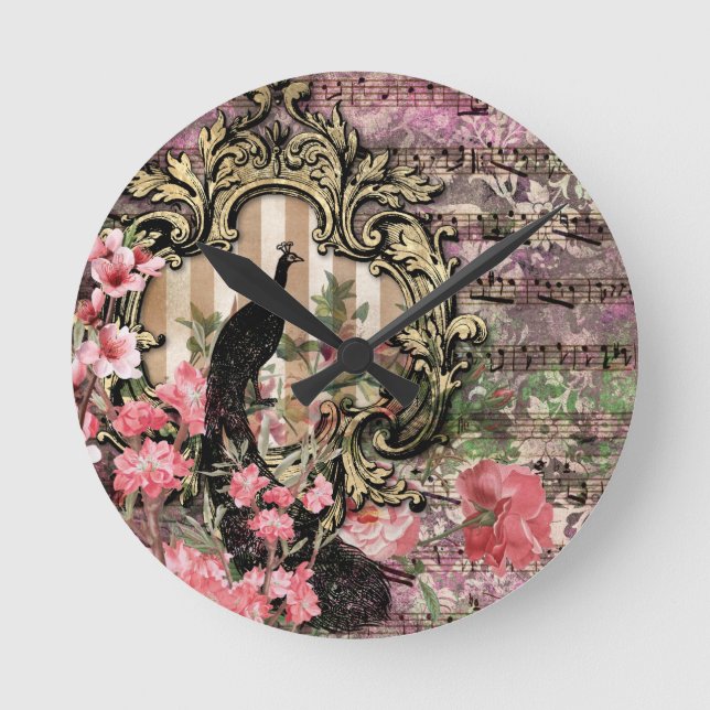 Pink Peacocks Peacock Französisch Acrylic Wall Clo Runde Wanduhr (Vorderseite)
