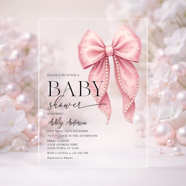 Pink Pearl Bow Girl Baby Shower Acryleinladungen (Von Creator hochgeladen)