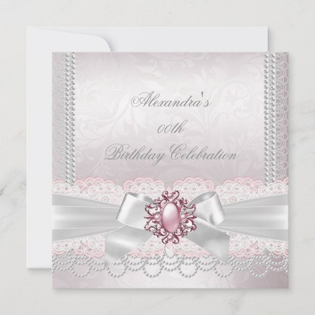 Pink Pearl Lace Damask White Bow Party Einladung (Vorderseite)