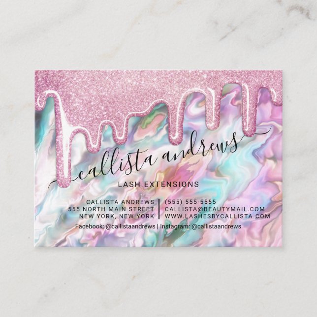 Pink Pearl Opal Glitzer Tropfen Lashes Aftercare Visitenkarte (Vorderseite)