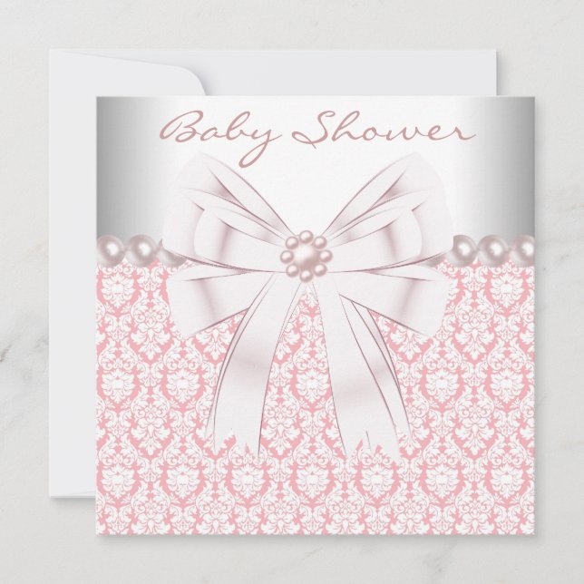 Pink Pearls Pink Damask Baby Dusche Einladung (Vorderseite)