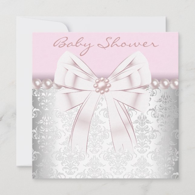 Pink Pearls Pink Damask Baby Dusche Einladung (Vorderseite)
