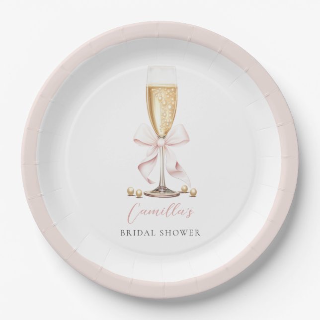 Pink Pearls & Prosecco Bow Brautparty Pappteller (Vorderseite)