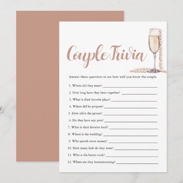 Pink Pearls & Prosecco Couple Trivia Bridal Game Einladung (Vorne/Hinten)