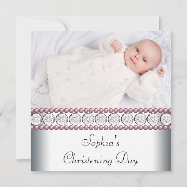 Pink Pearls White Baby Girl Foto Christening Einladung (Vorderseite)
