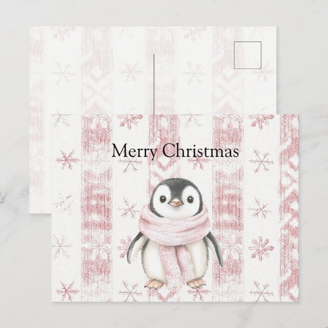 Pink Penguin Snowflakes Weihnachten Postkarte (Vorne/Hinten)