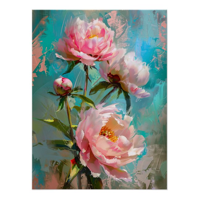 Pink Peongs auf Blue Paint Poster (Vorderseite)