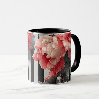 pink peonies and black and white stripes tasse