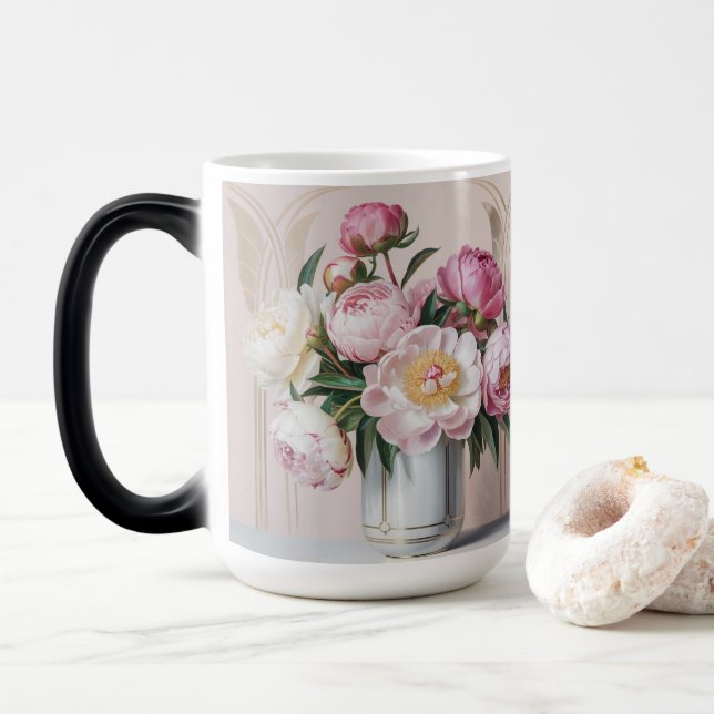  Pink Peonies Art Deco Morphing Mug Verwandlungstasse (Mit Donut)