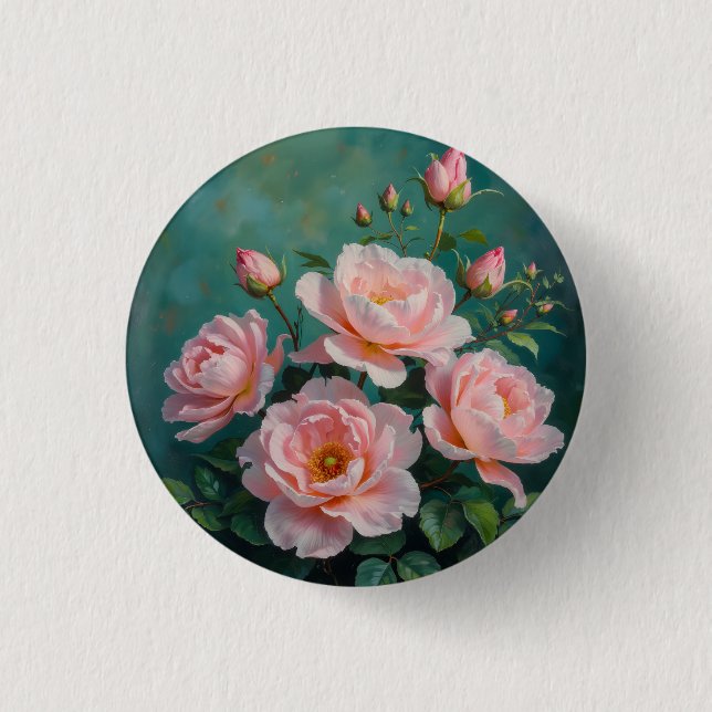 Pink Peonies Artwork on Emerald Green Button (Vorderseite)