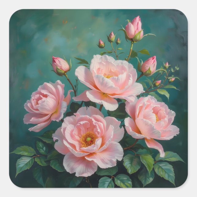 Pink Peonies Artwork on Emerald Green Quadratischer Aufkleber (Vorderseite)