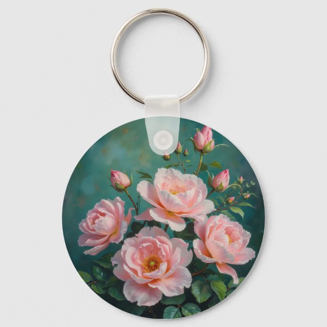 Pink Peonies Artwork on Emerald Green Schlüsselanhänger (Vorderseite)