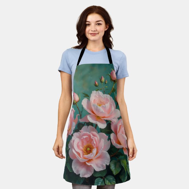 Pink Peonies Artwork on Emerald Green Schürze (Getragen)