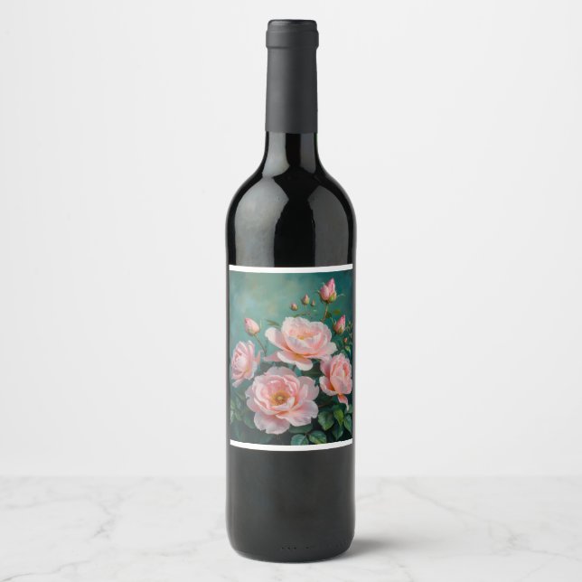 Pink Peonies Artwork on Emerald Green Weinetikett (Vorderseite)