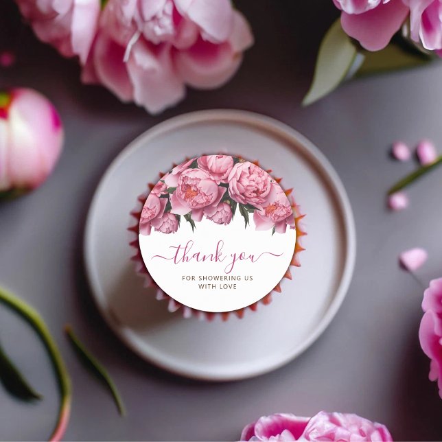 Pink Peonies Baby Dusche Danke Runder Aufkleber (Pink Peonies Watercolor Baby Shower Thank You Classic Round Sticker)