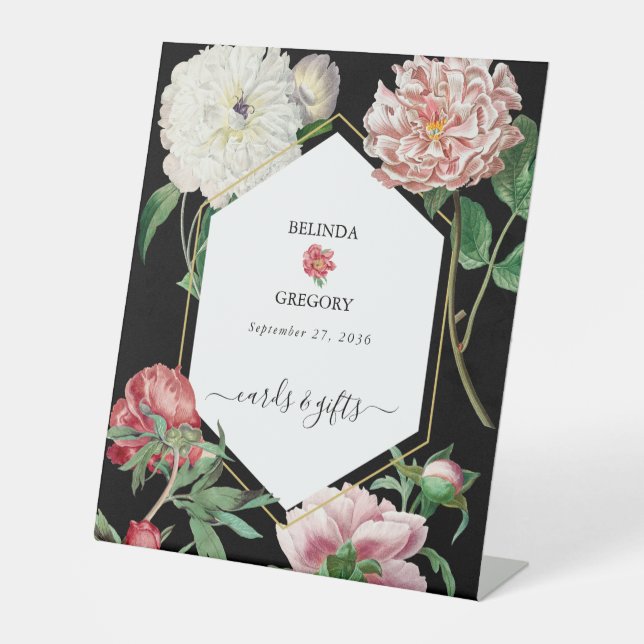 Pink Peonies Blume Hochzeit Black Cards Geschenke Sockelschild (Vorderseite)