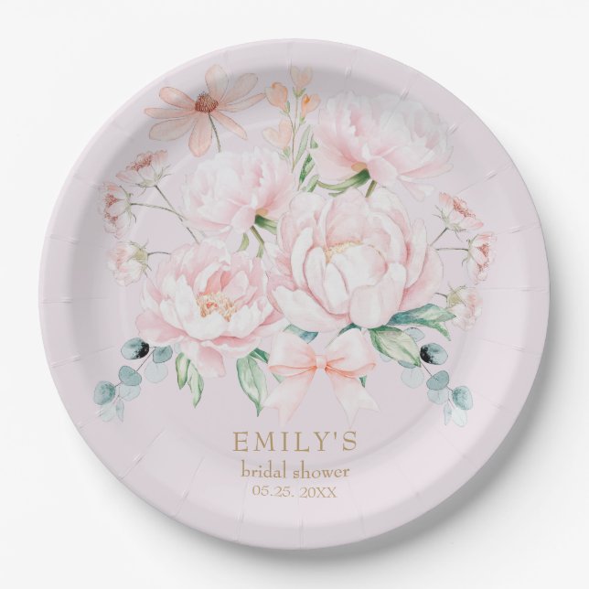 Pink Peonies Bow Wildblume Garden Brautparty Pappteller (Vorderseite)