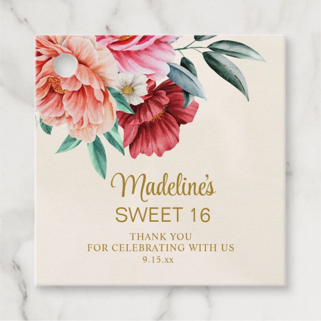 Pink Peonies Burgundy Floral Blätter Sweet 16 Geschenkanhänger (Vorderseite)